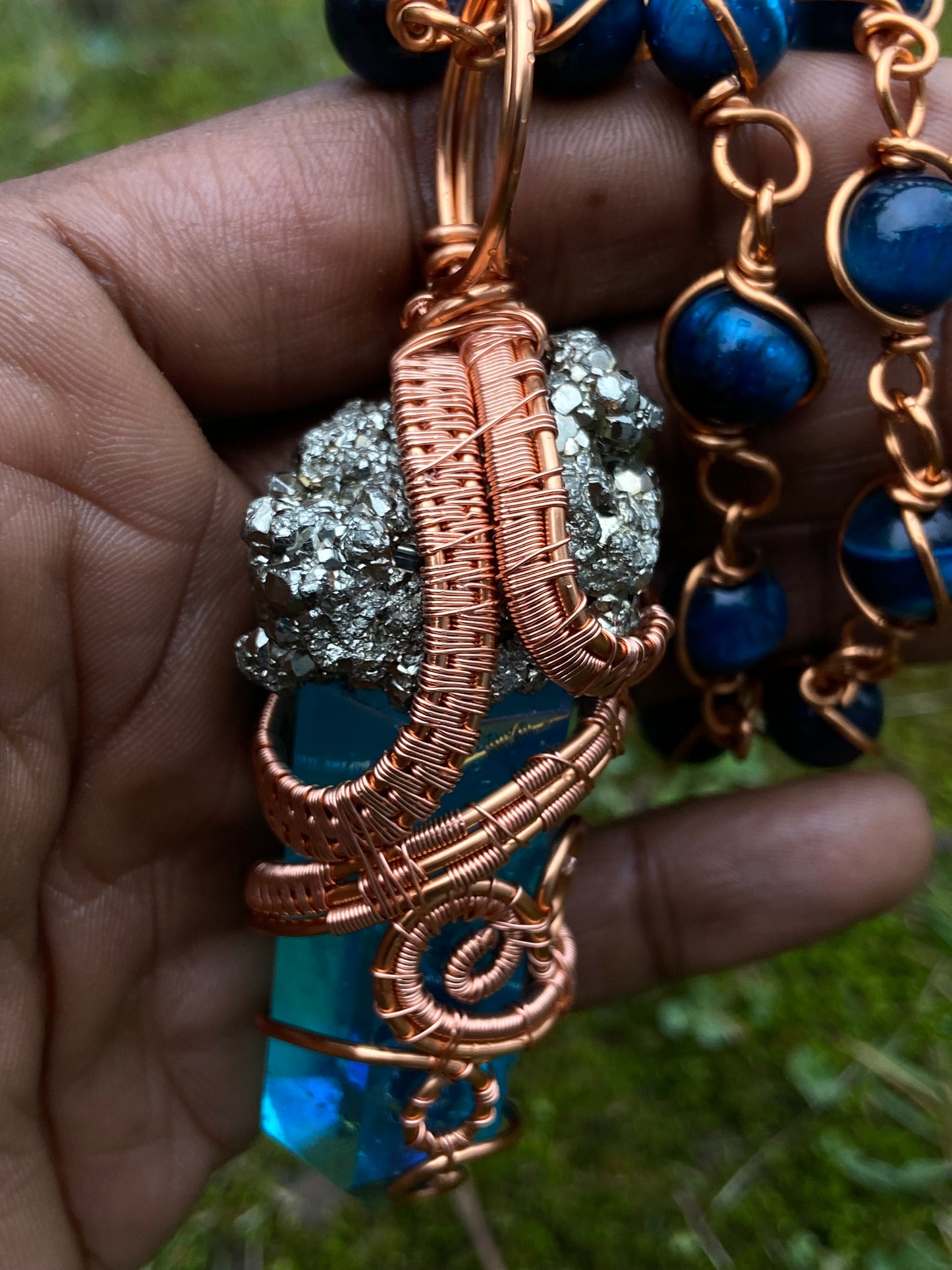 Blue Aqua Aura Quartz /Pyrite Reiki Infused Copper Healing Masterpiece Pendant