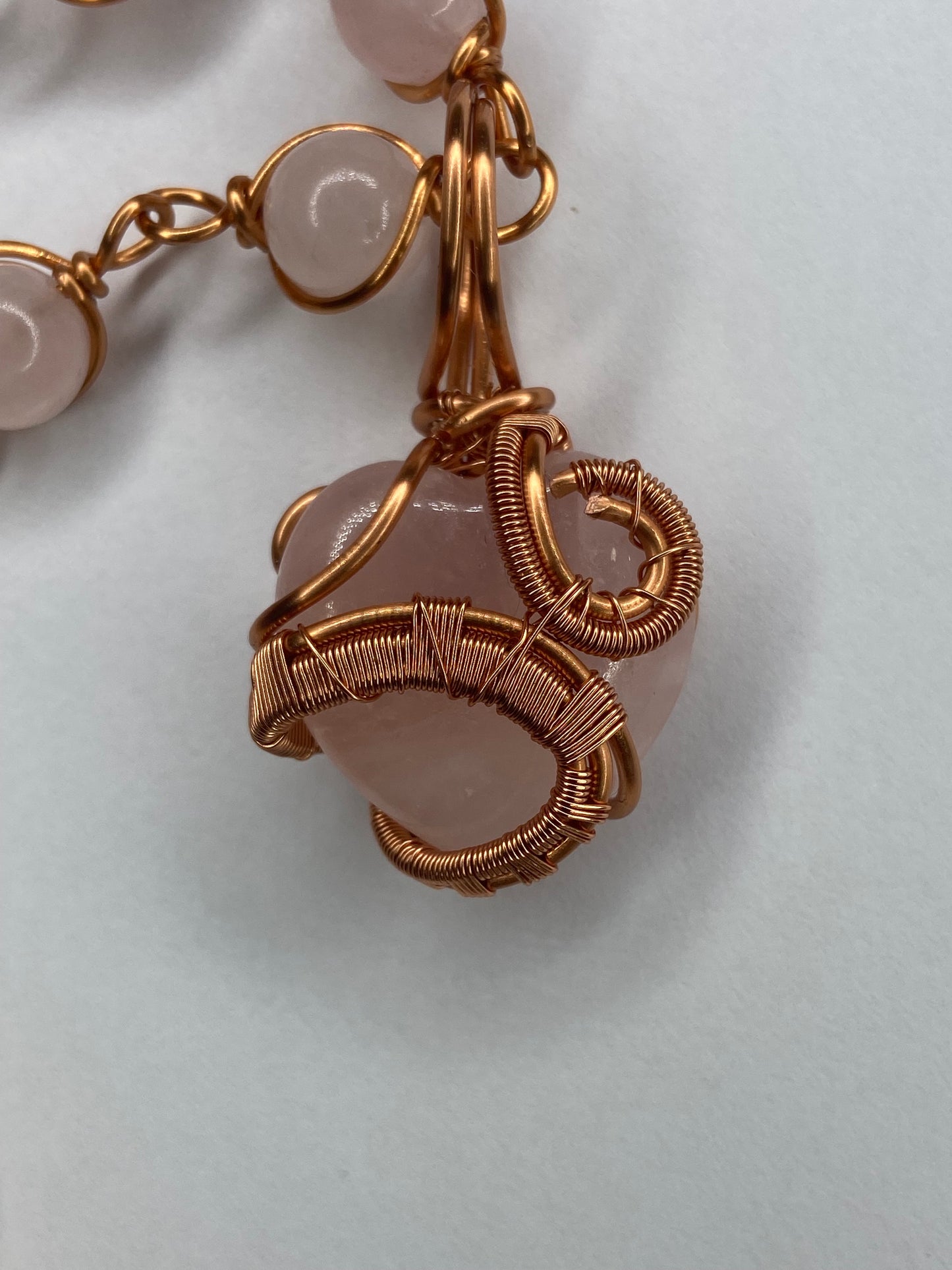 Rose Quartz Heart Pendant Necklace — Copper-Wrapped Symbol of Love
