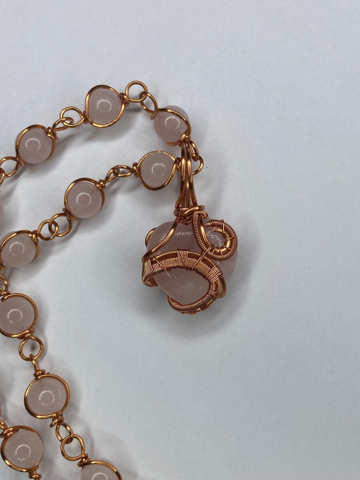 Rose Quartz Heart Pendant Necklace — Copper-Wrapped Symbol of Love