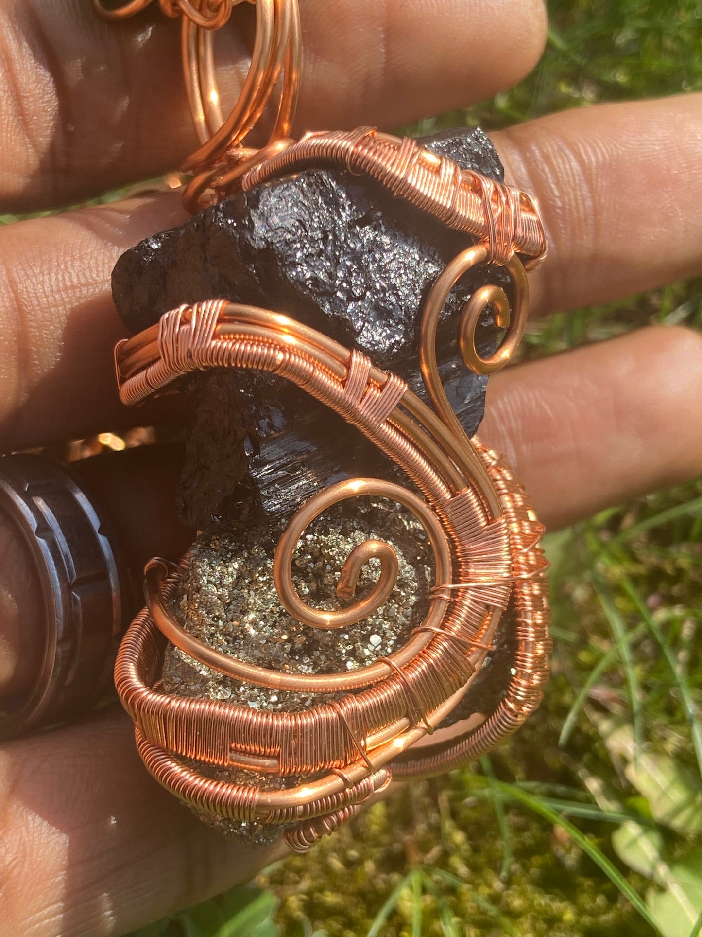 Black Tourmaline/Pyrite +Golden Obsidian Reiki Infused Masterpiece Pendant