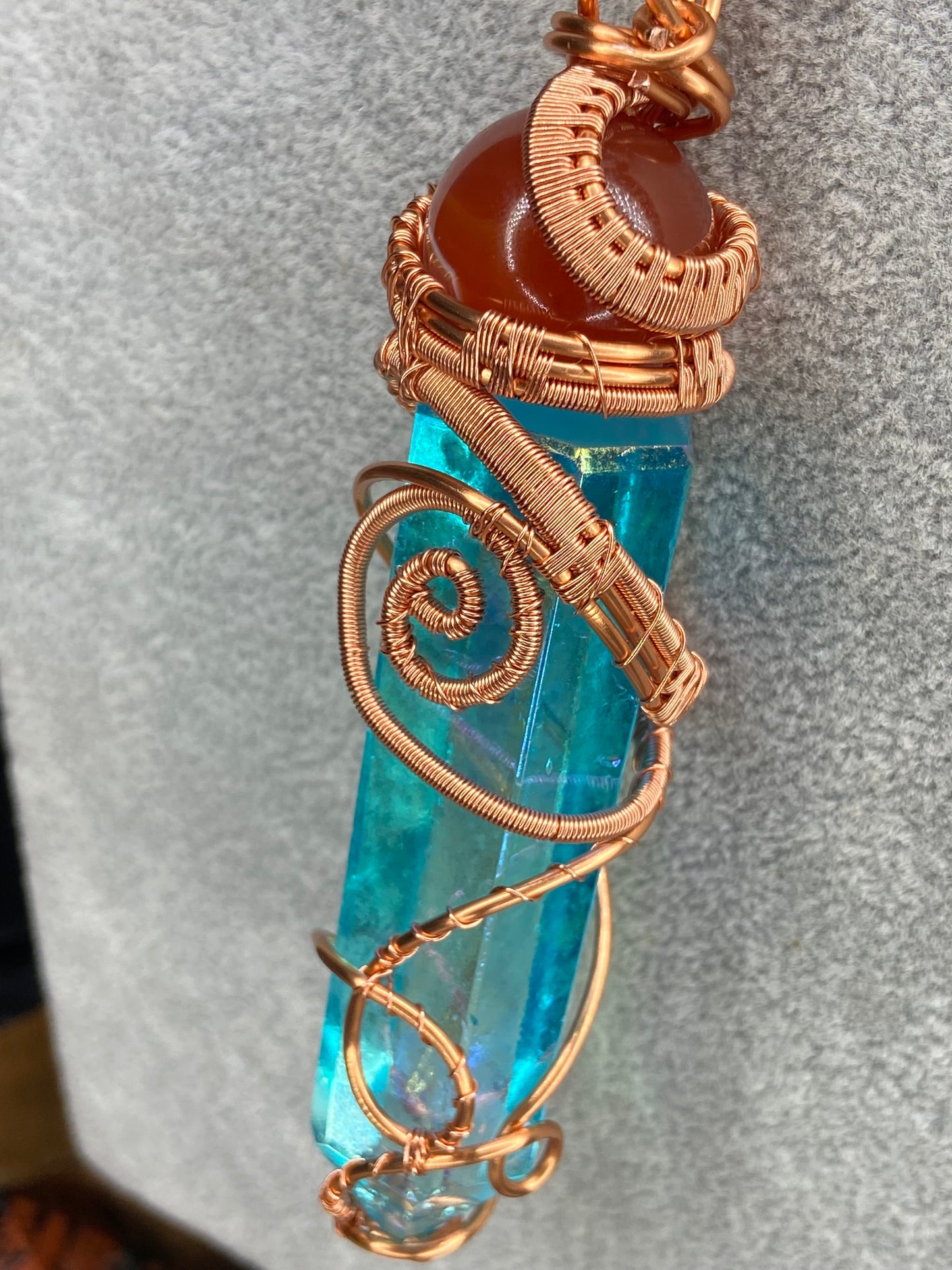 Aqua Aura Quartz/Carnelian + Blue Tigers Eye Reiki Infused Masterpiece Pendant