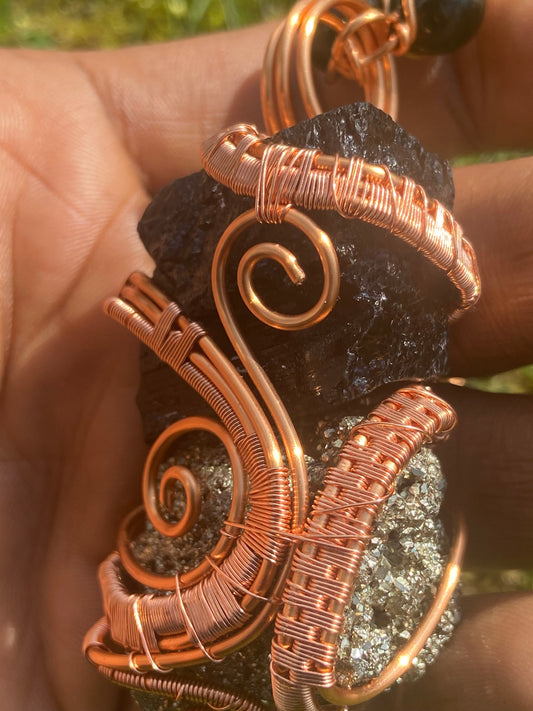 Black Tourmaline/Pyrite +Golden Obsidian Reiki Infused Masterpiece Pendant